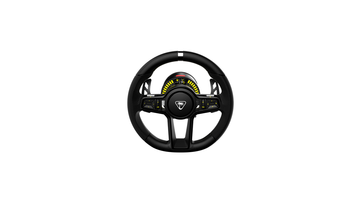 Turtle Beach VelocityOne Race KD3 racing wheel and pedals viewed from the front