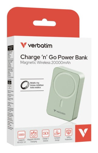 Verbatim Charge 'n' Go Essentials Magnetic Wireless Power Bank 20000 mAh Green