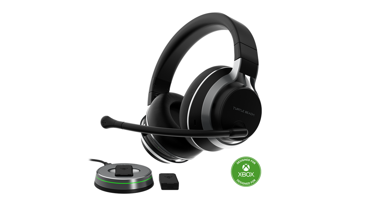 Turtle Beach Stealth Pro Xbox wireless gaming headset in black with transmitter and two batteries