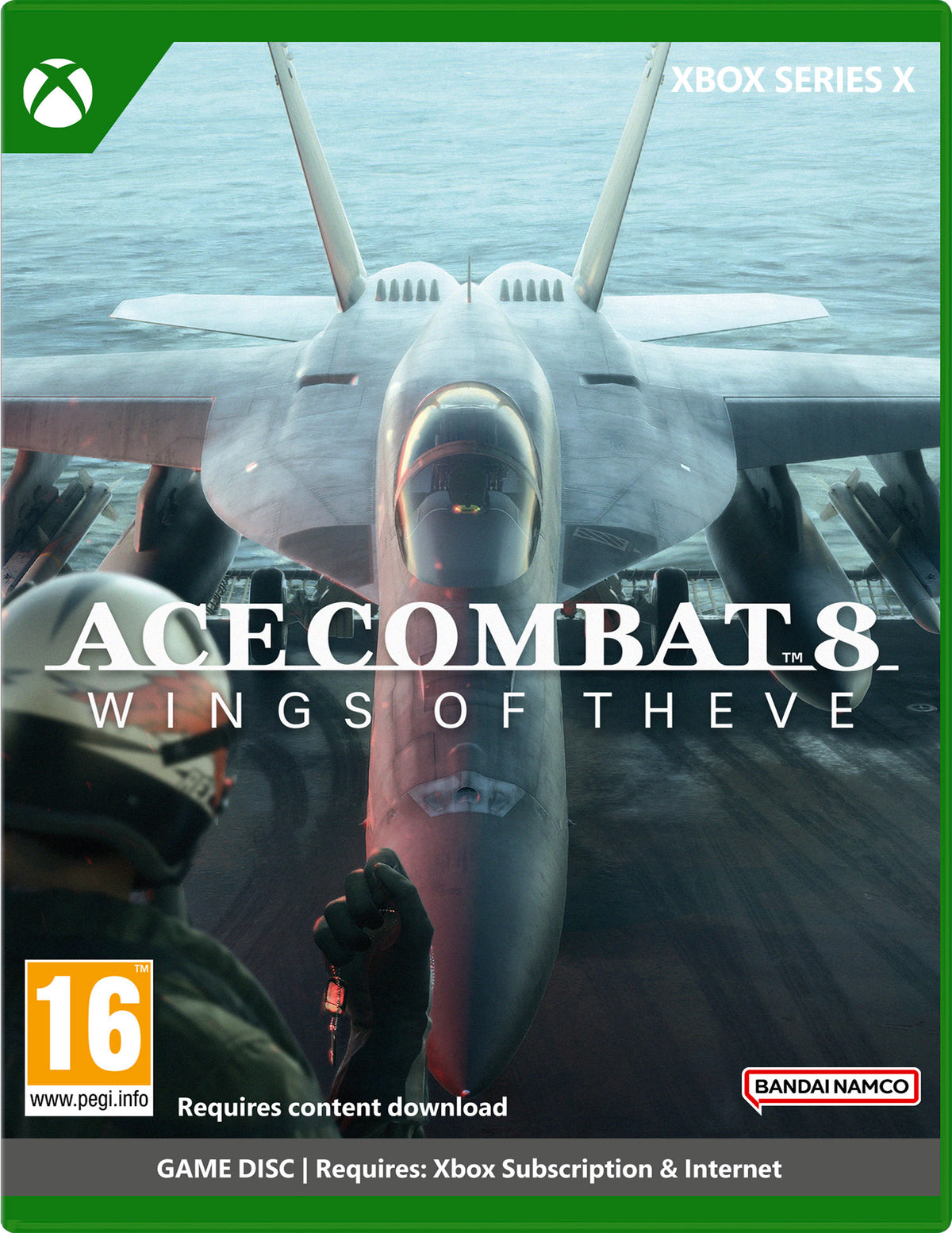 Game disc cover for 'Ace Combat 8: Wings of Theve' on Xbox Series X with fighter jet and pilot image.