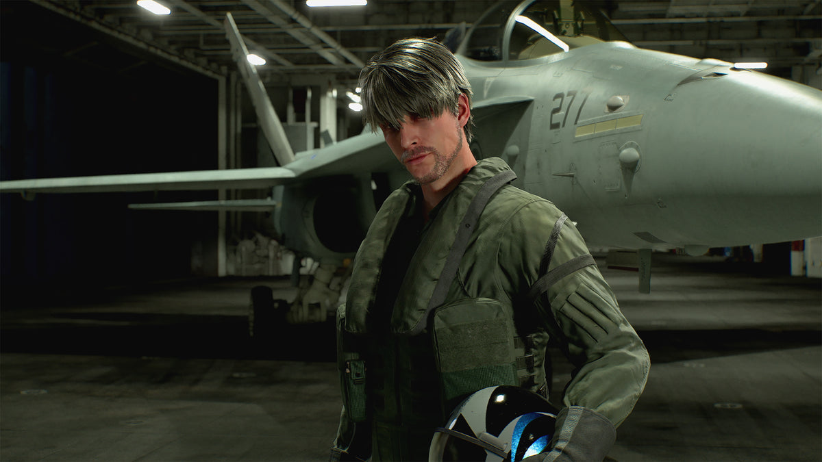 Ace Combat 8: Wings of Theve pilot standing beside a fighter jet in a hangar