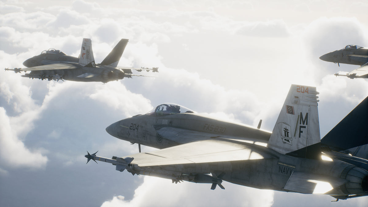 Ace Combat 8: Wings of Theve fighter jet formation flying through bright clouds