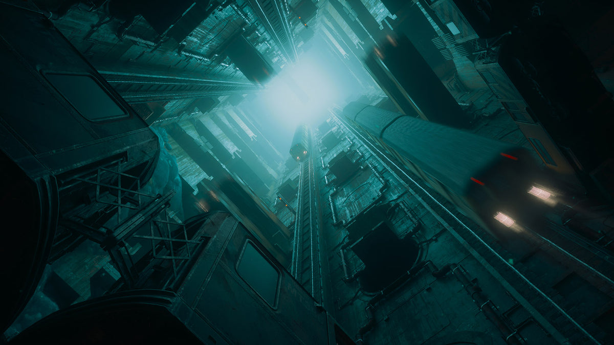 CONTROL Resonant reality-bending environment with towering industrial structures and distorted gravity
