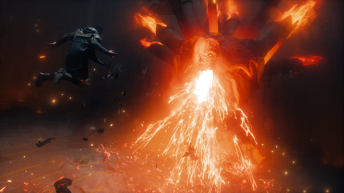Dramatic scene with a fiery explosion and a person falling, set against a dark background.
