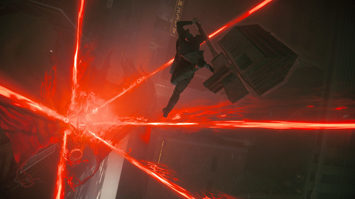 A dark, dramatic scene with a silhouetted figure suspended in midair, surrounded by intense red laser-like beams crossing in an X pattern against a smoky gray background.