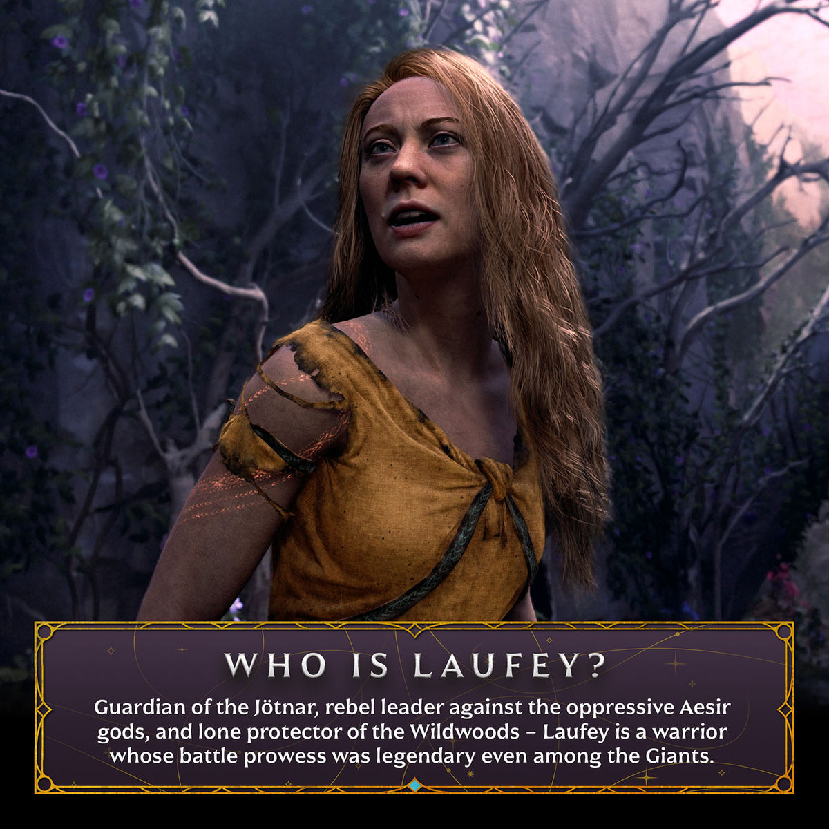 A digital illustration of a woman with long light brown hair wearing a tattered mustard-yellow top, set against a dark fantasy forest background. A text box at the bottom reads 'WHO IS LAUFY?' with descriptive text about her role as a guardian and rebel leader.
