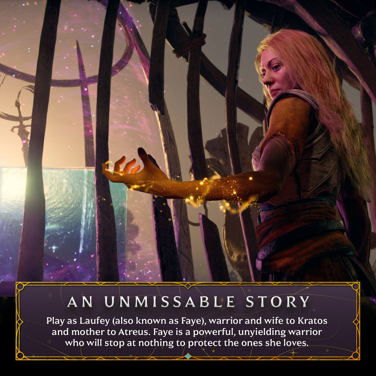 Promotional artwork for 'An Unmissable Story' featuring a fantasy warrior character with long pink hair, standing among dark tree-like structures and glowing purple light. A text banner at the bottom reads 'AN UNMISSABLE STORY' with descriptive copy about playing as Laufey, also known as Faye.