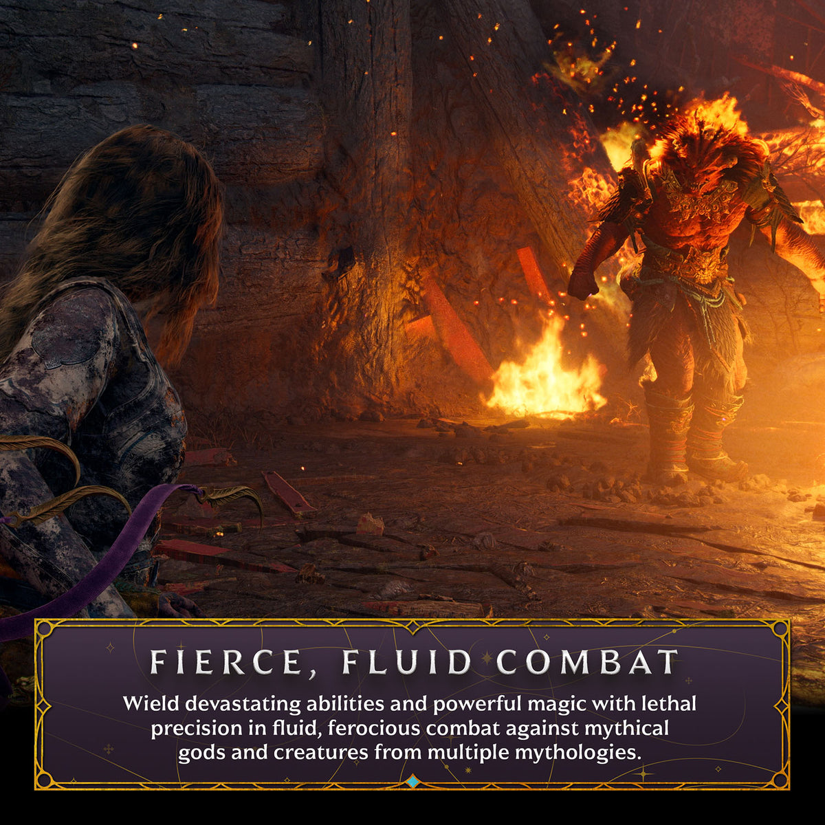 A dramatic fantasy scene with a fiery humanoid creature facing a woman in a dark stone interior. A text banner at the bottom reads 'FIERCE, FLUID COMBAT' with descriptive copy about wielding devastating abilities and magical precision in combat.