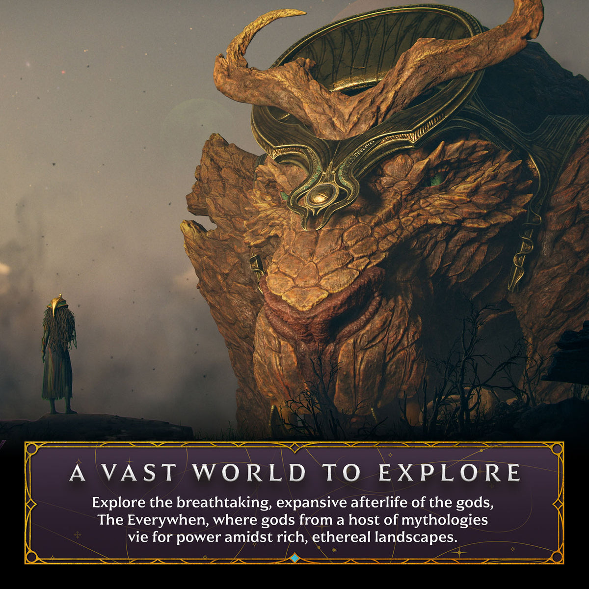 A dramatic fantasy artwork showing a colossal horned creature or tree-like monster in a misty landscape, with a small human figure beside it. A dark banner at the bottom contains promotional text reading, 'A VAST WORLD TO EXPLORE' and describes the expansive afterlife of gods, The Everyman, and mythological landscapes.