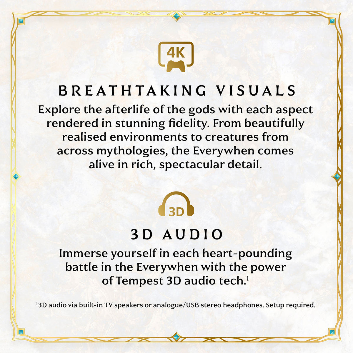Promotional graphic with a decorative gold border on a light textured background, featuring text about 'Breathtaking Visuals' and '3D Audio' with 4K and 3D icons.