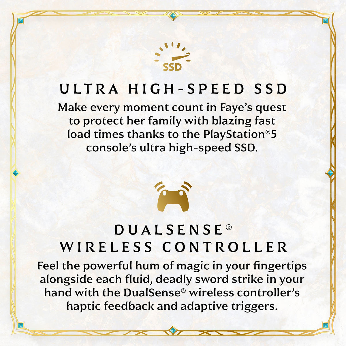 A square promotional graphic with a decorative gold border on a light textured background. The text reads: 'ULTRA HIGH-SPEED SSD' with an SSD icon above, and 'DUALSENSE WIRELESS CONTROLLER' with a controller icon above, describing features related to a PlayStation 5 console and DualSense controller.
