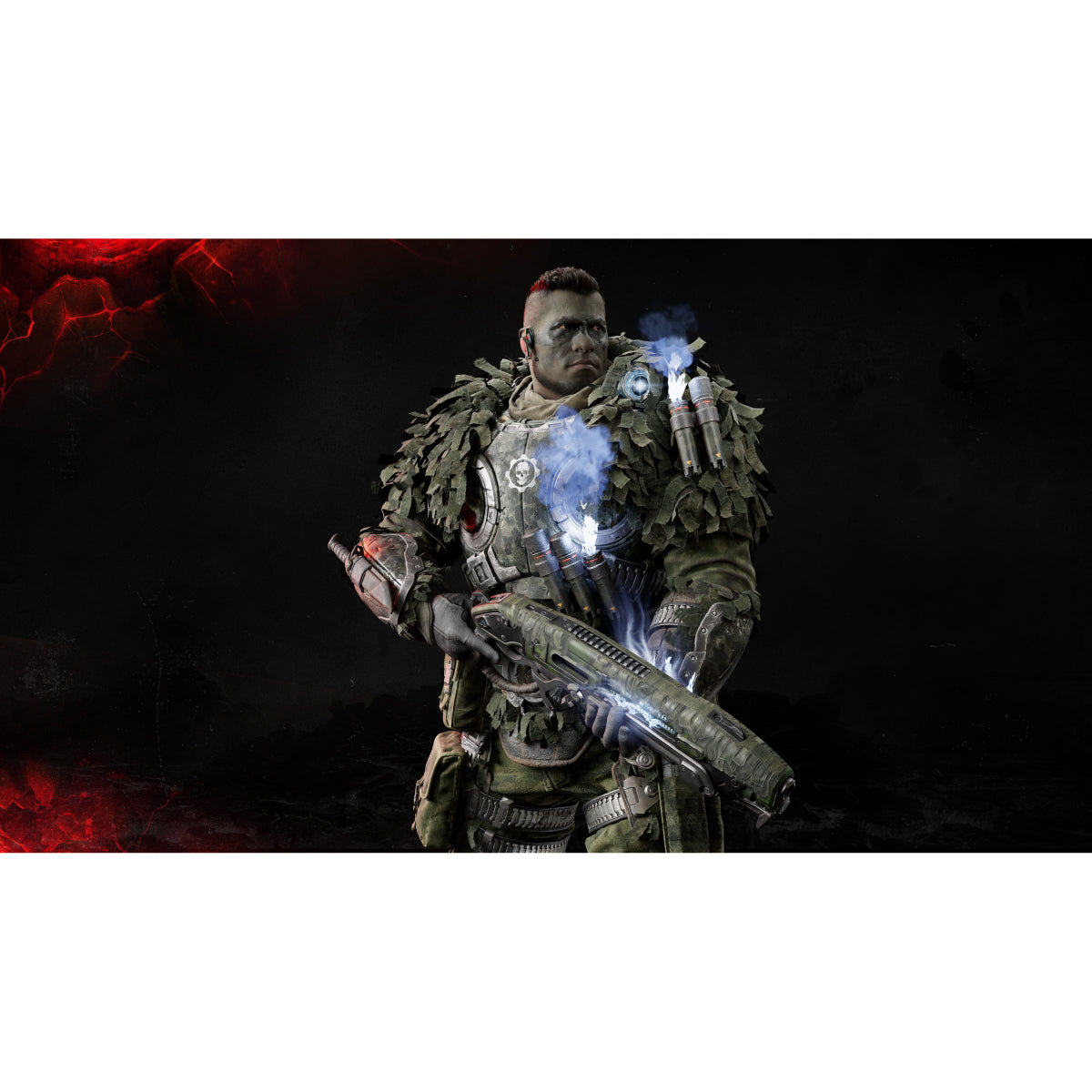 A highly detailed collectible action figure of a soldier in tactical camouflage armor, holding a futuristic rifle with glowing blue energy effects, set against a dark background with red light flares.