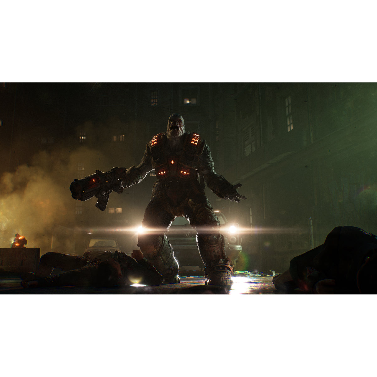 A dramatic cinematic scene of a masked character in a dark armored suit with glowing orange lights, standing in a smoky nighttime urban environment with a weapon extended, surrounded by fallen figures.