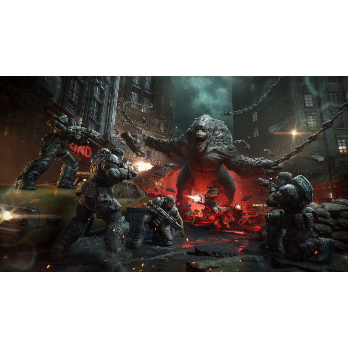 A dramatic sci-fi battle scene with several heavily armored soldiers fighting a large monstrous creature in a dark urban street at night. The artwork shows glowing red fire, smoke, chains, and damaged buildings.