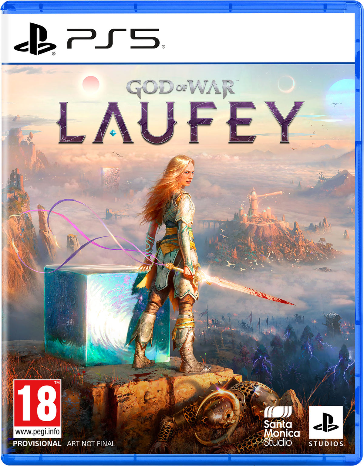 Front cover of the PlayStation 5 game God of War: Laufey, showing a fantasy warrior standing on a cliffside with a glowing blue cube and a dramatic misty landscape in the background. PS5 branding, PEGI 18 rating, Santa Monica Studio logo, and PlayStation Studios logo are visible on the cover.