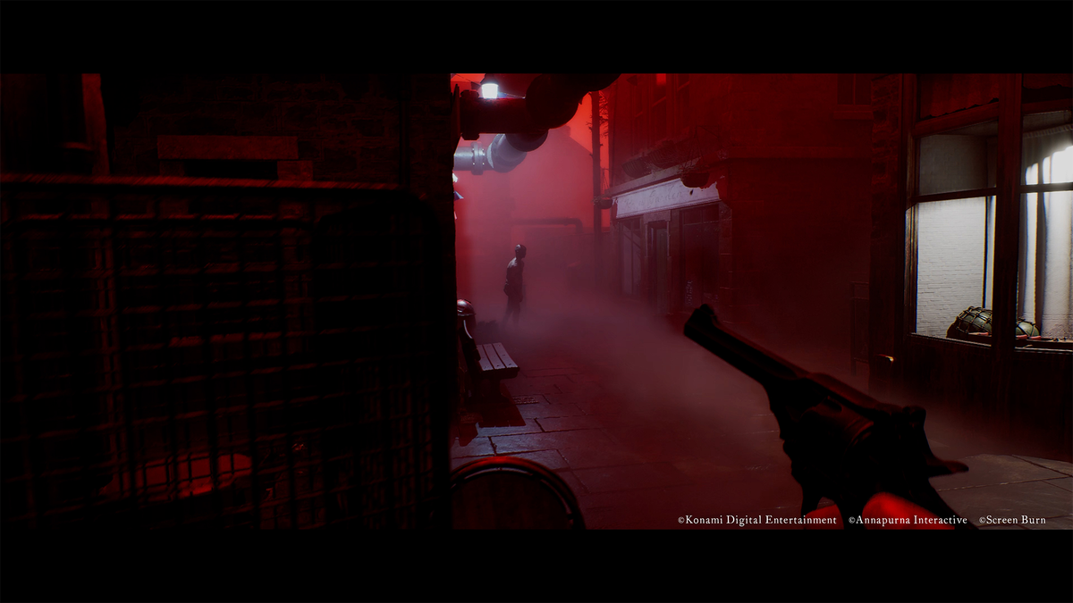 SILENT HILL: Townfall first-person combat screenshot in a red-lit interior