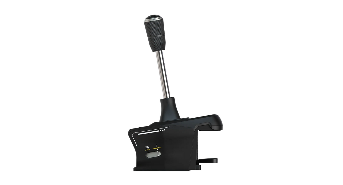 Side view of Turtle Beach VelocityOne Multi-Shift with upright handbrake lever and mounting base