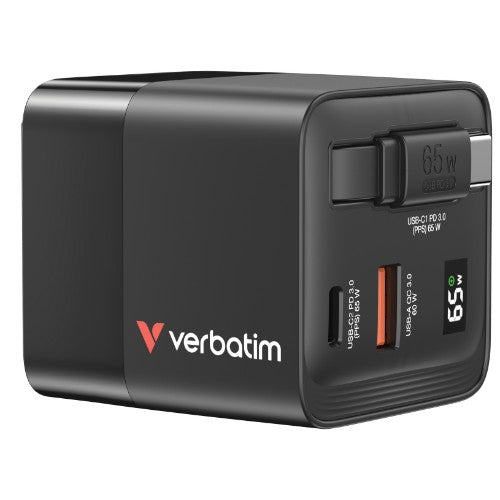 Verbatim GaN Charger 65W 2 Port retractable cable display US plugs with EU and UK adaptors