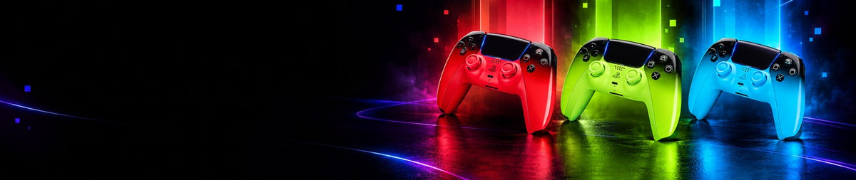 Red, green and blue Hyperpop wireless gaming controllers