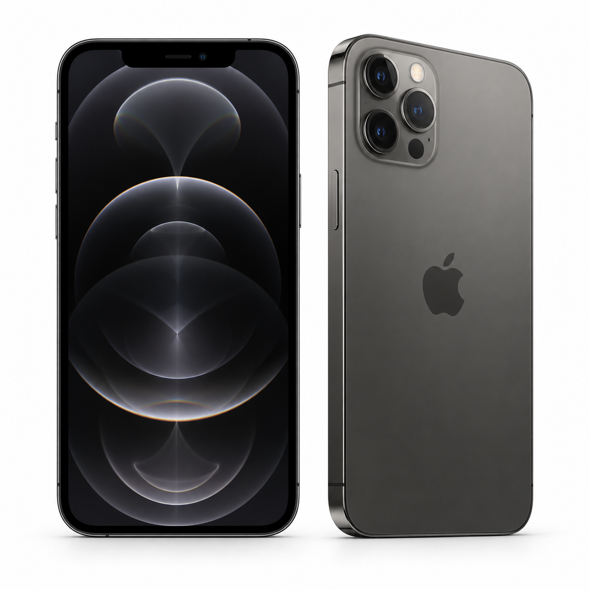 Refurbished Apple iPhone 12 Pro Max in Graphite, showing front screen and rear triple camera