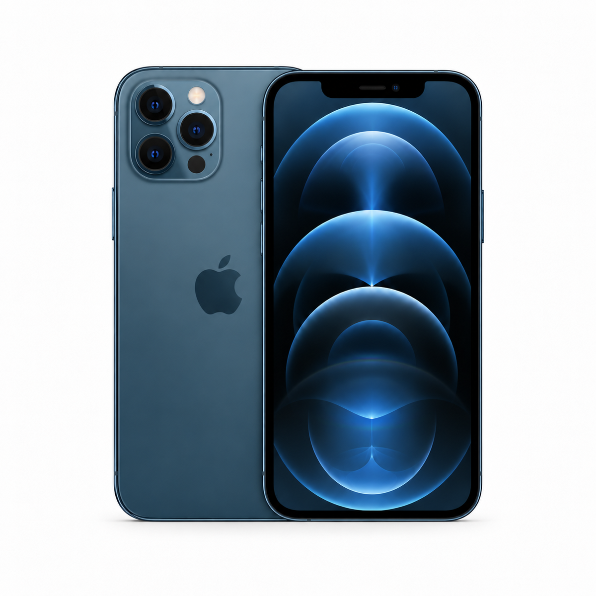 An Apple iPhone shown from the back and front, featuring a slate blue finish with the iconic Apple logo and a blue wallpaper on the screen, set against a plain white background.