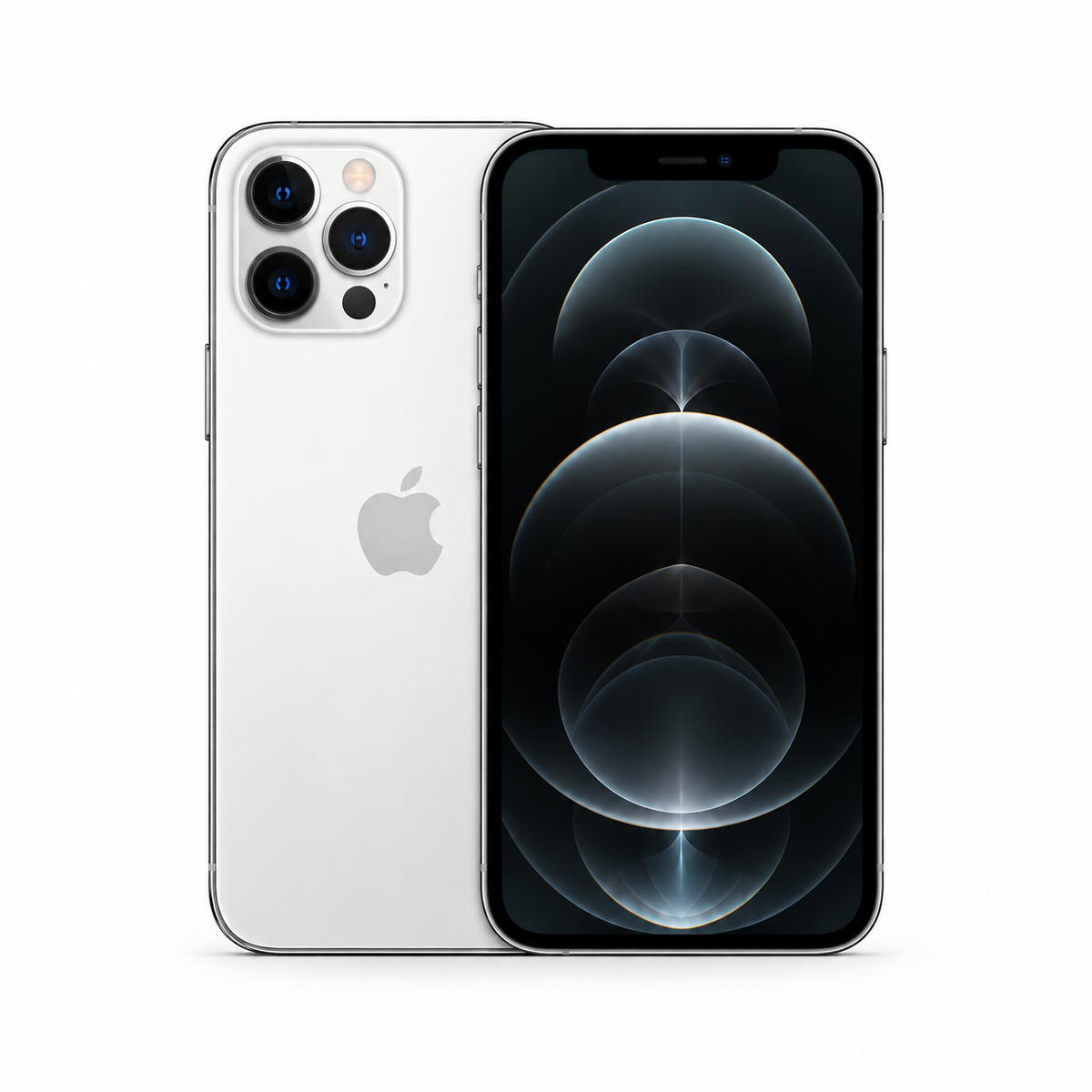 An Apple iPhone shown from the back and front, featuring a silver aluminum finish with a black screen displaying a dark blue and black wallpaper, set against a plain white background.