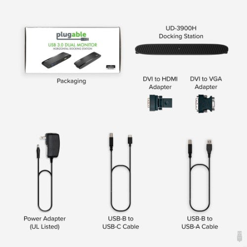 Plugable Technologies USB 3.0 Universal Laptop Docking Station for Windows and Mac (Dual Monitor: HDMI and DVI/HDMI/VGA, Gigabit Ethernet, Audio, 6 USB Ports) - Horizontal
