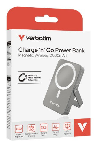 Verbatim Charge 'n' Go Magnetic Wireless Power Bank with stand - 10000 mAh Grey
