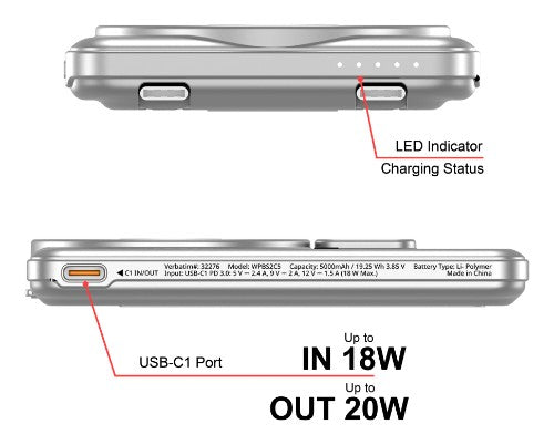 Verbatim Charge'n'Go 2C Power Bank 5000 mAh Silver