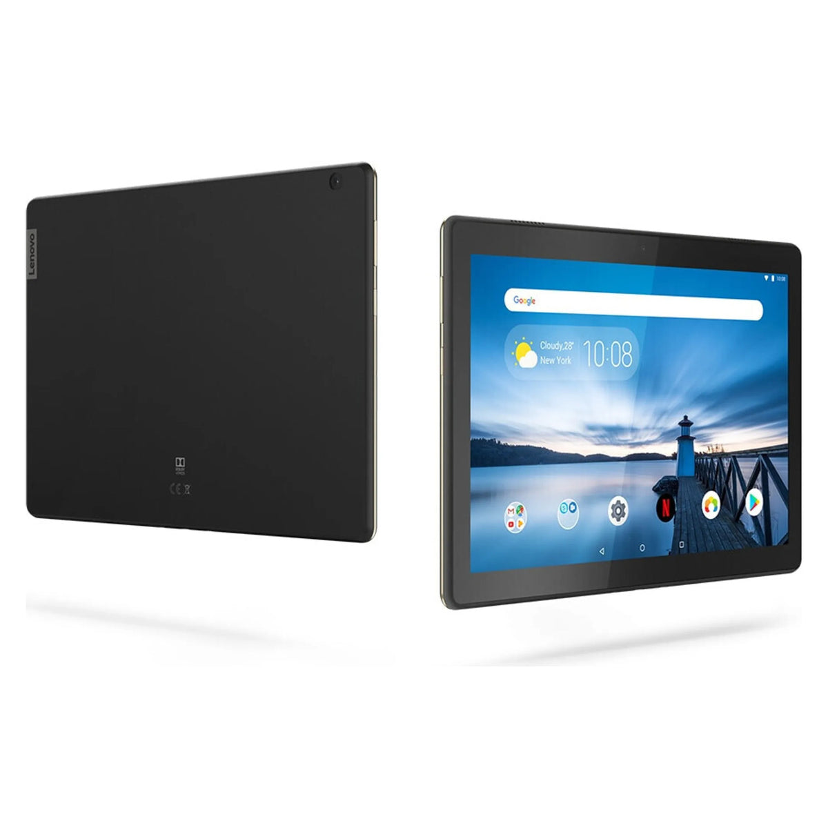 Angled view of the Lenovo Tab M10 HD tablet showing its display and Slate Black rear casing