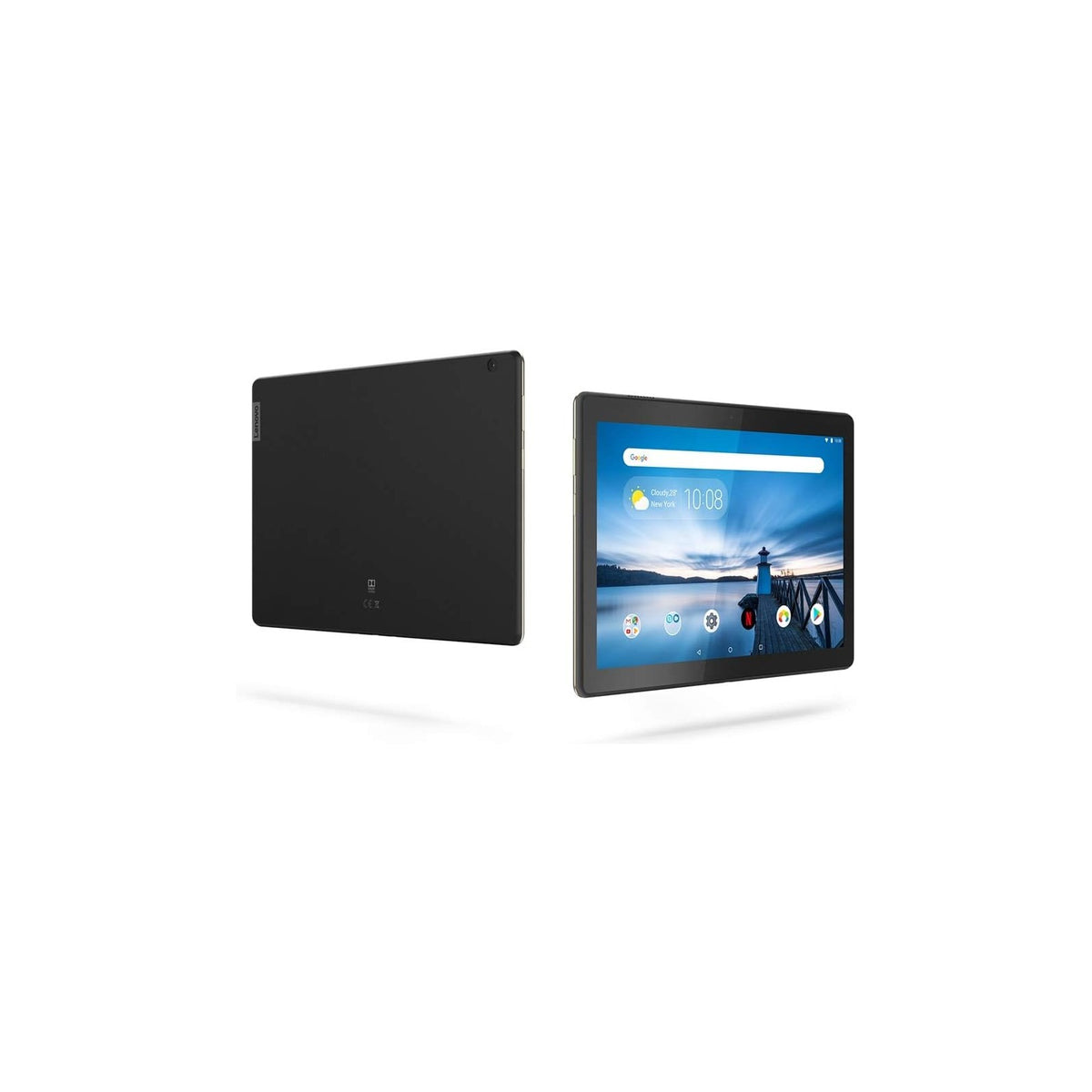Lenovo Tab M10 HD tablet at an angle showing the Android home screen and rear casing