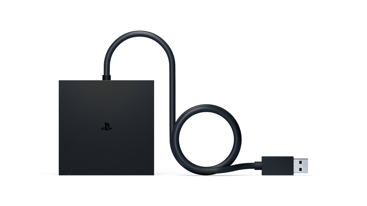 PlayStation VR2 PC Adaptor with attached USB cable laid out on a white background.
