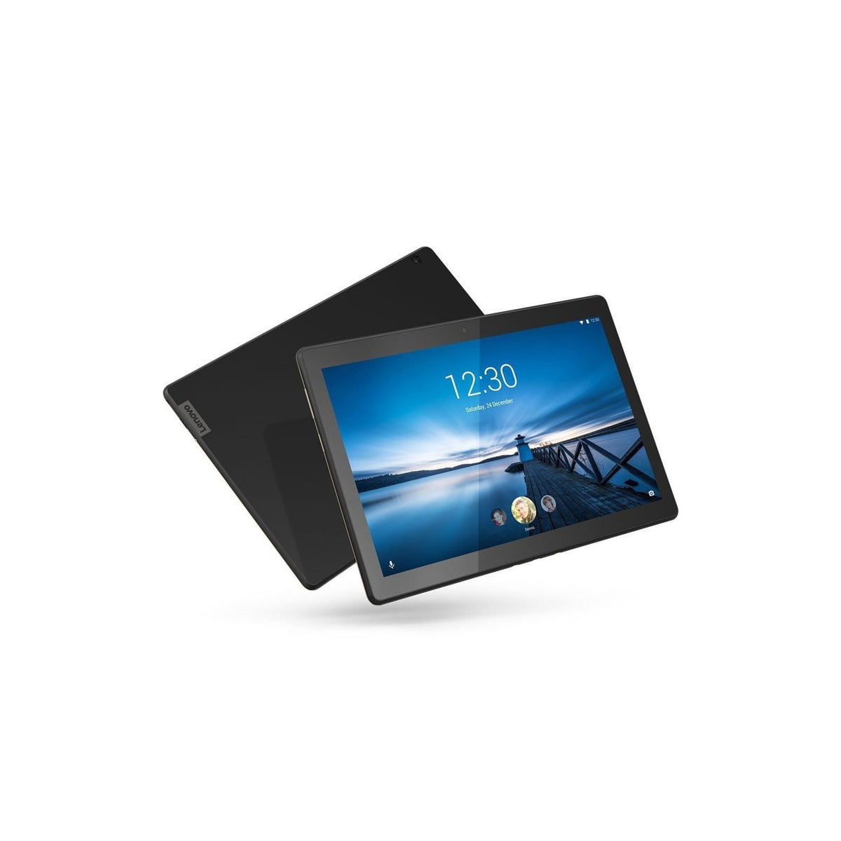 Front and rear of the Slate Black Lenovo Tab M10 HD tablet with screen switched on