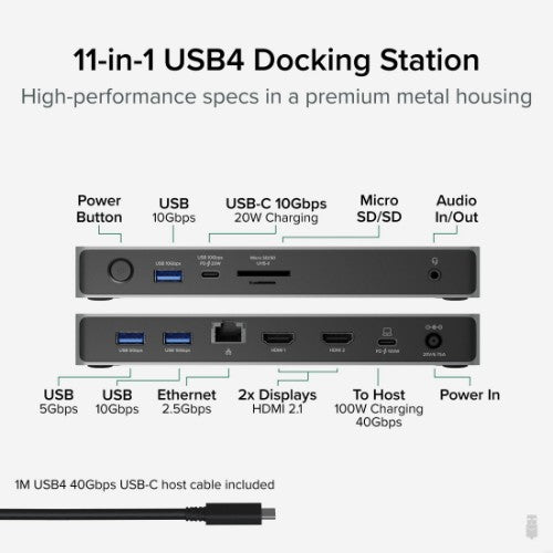 Plugable Technologies USB C Docking Station Dual Monitor, 11-in-1, USB4 40G 100W Laptop Charging Dock for Windows and Thunderbolt, 4K HDMI 2.1 up to 120Hz, 2.5Gbps Ethernet, SD Reader, 20W USB-C Charging - Driverless