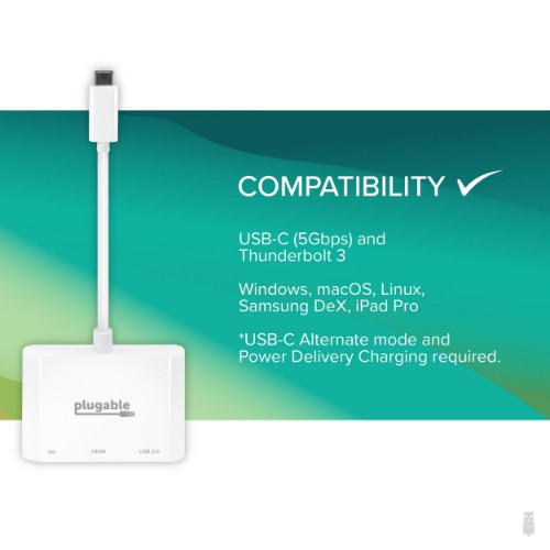 Plugable Technologies USB C to HDMI Multiport Adapter, Driverless 3-in-1 USB C Hub with 4K HDMI Output, USB 3.0 and USB-C Charging Port, Compatible with MacBook, Chromebook, Dell XPS, Thunderbolt 3 and More