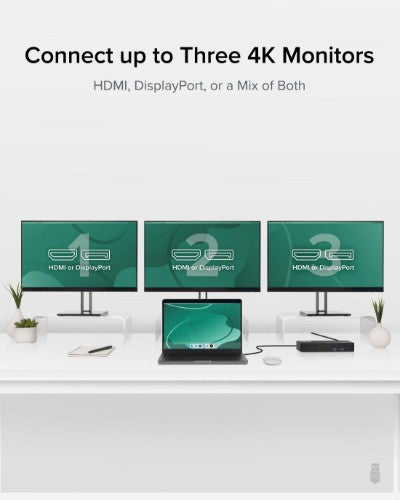 Plugable Technologies 12-in-1 USB C Triple Monitor Docking Station, Triple 4K Displays with 3x HDMI or 3x DisplayPort, Compatible with Mac, Windows, Thunderbolt, USB4, USB-C (60W PD, 6x USB Ports, Ethernet)