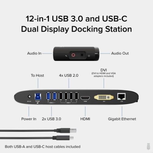 Plugable Technologies USB 3.0 Universal Laptop Docking Station for Windows and Mac (Dual Monitor: HDMI and DVI/HDMI/VGA, Gigabit Ethernet, Audio, 6 USB Ports) - Horizontal