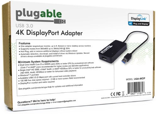 Plugable Technologies USB 3.0 to DisplayPort 4K DisplayLink Video Graphics Adapter for Multiple Monitors up to 3840x2160 Supports Windows, Mac, and ChromeOS
