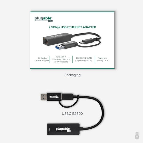 Plugable Technologies 2.5G USB C and USB to Ethernet Adapter, 2-in-1 Adapter Compatible with USB-C Thunderbolt 3 or USB 3.0, USB-C to RJ45 2.5 Gigabit LAN Ethernet, Compatible with Mac and Windows