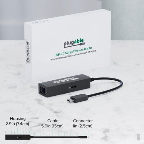Plugable Technologies USB C to Ethernet Adapter 2.5Gb with 100W USB-C PD Charging, 2.5 Gigabit Type C USB Ethernet Adapter for Windows, MacBook, Chrome, iPad, Surface, XPS, Thunderbolt 4, USB4 (USBC-E2500PD)