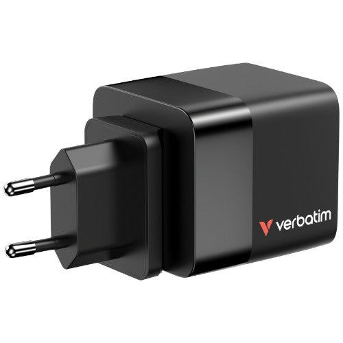 Verbatim GaN Charger 65W 2 Port retractable cable display US plugs with EU and UK adaptors