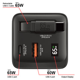 Verbatim GaN Charger 65W 2 Port retractable cable display US plugs with EU and UK adaptors
