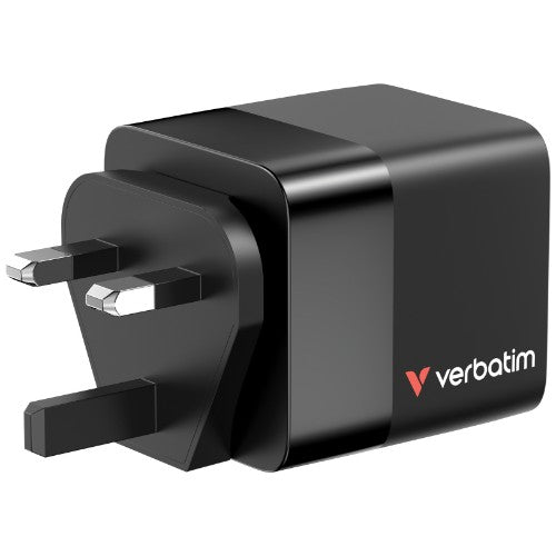 Verbatim GaN Charger 65W 2 Port retractable cable display US plugs with EU and UK adaptors