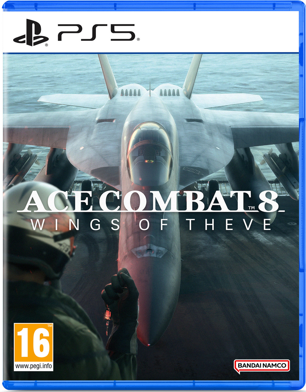Game cover for 'Ace Combat 8: Wings of Theve' on PS5 with a fighter jet and pilot.