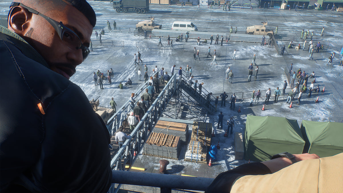 Ace Combat 8: Wings of Theve first-person scene overlooking a busy military air base