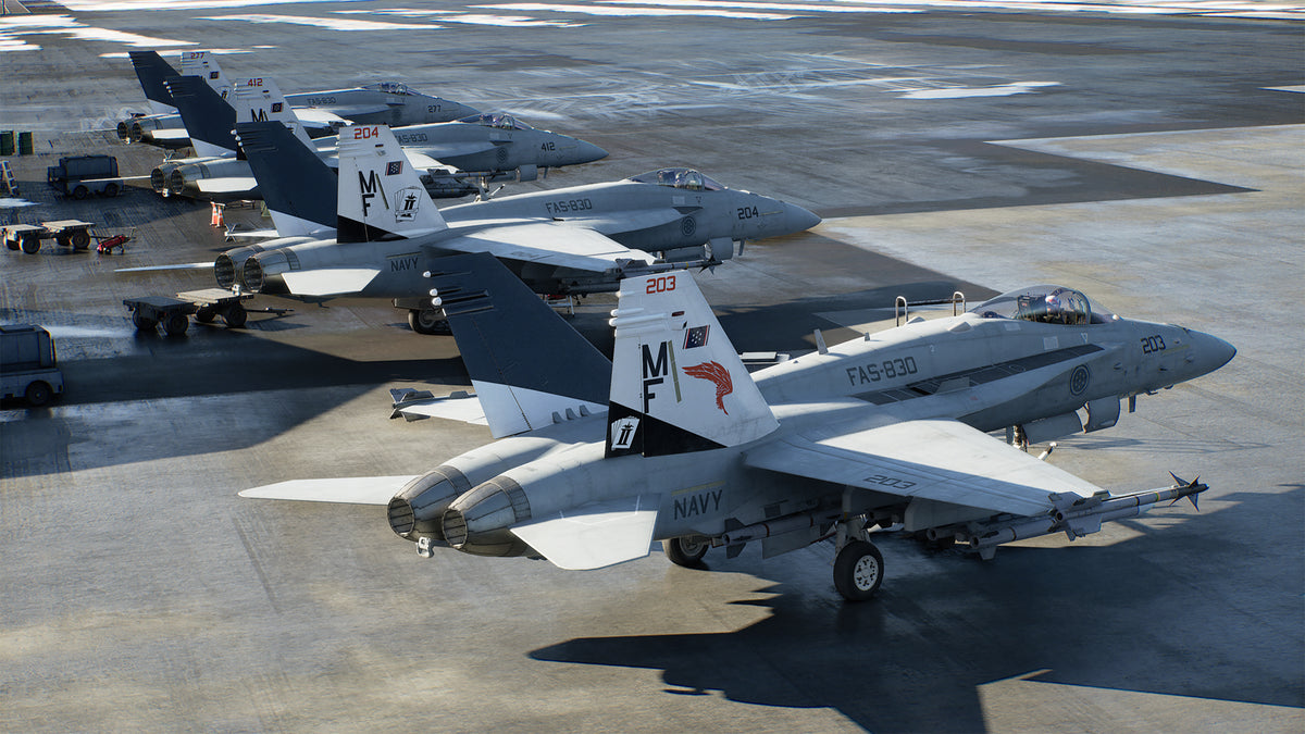 Ace Combat 8: Wings of Theve fighter aircraft lined up on an air base runway