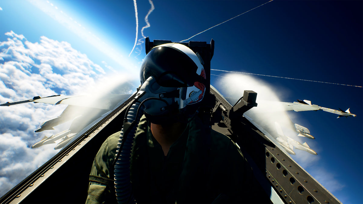 Ace Combat 8: Wings of Theve cockpit view of a pilot during high-altitude aerial combat