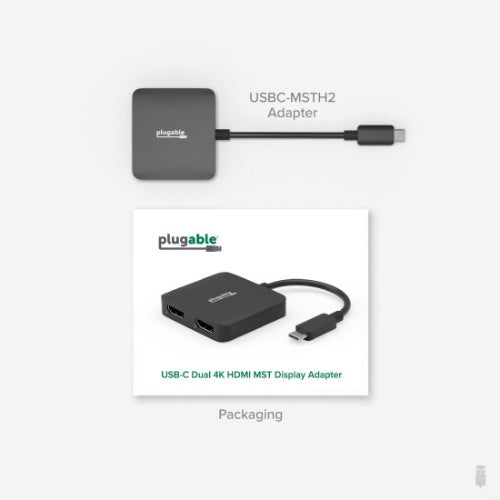 Plugable Technologies USB C to HDMI Adapter for Dual Monitors 4K 60Hz, Compatible with Windows, Chromebook, USBC Thunderbolt USB4 Laptops, MST Extended Display Type C Multi HDMI Port Adapter, Driverless USBC-MSTH2