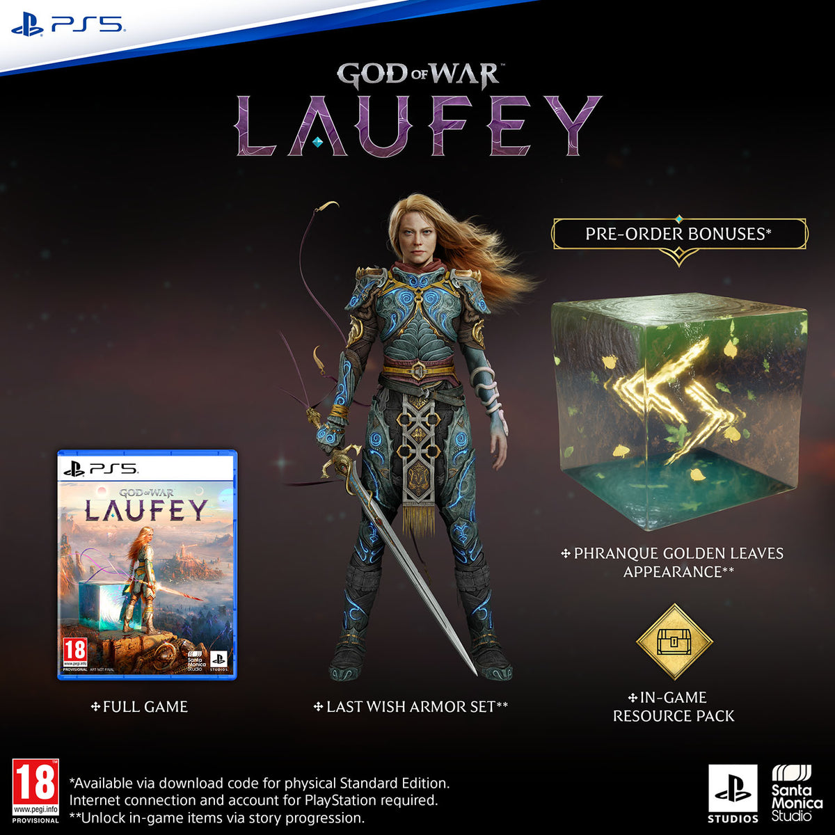 PS5 God of War: Laufey pre-order promotional graphic on a dark background, showing the PS5 game cover, a full-body render of Laufey in ornate blue armor, a pre-order bonus cube with golden leaves, and PlayStation Studios branding.