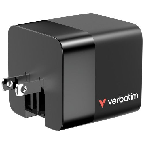 Verbatim GaN Charger 65W 2 Port retractable cable display US plugs with EU and UK adaptors